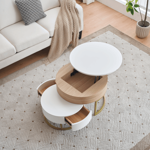 Conjunto de 2 mesas de centro elevávels redondas de mdf com 2 gavetas,branco+natural Conjunto de 2 mesas de centro elevávels redondas de mdf com 2 gavetas,branco+natural