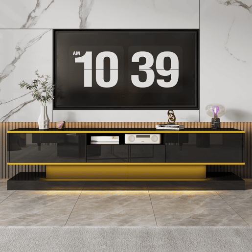 Móvel de TV 180cm de painel de partículas com 3 gavetas e luz led,preto+dourado