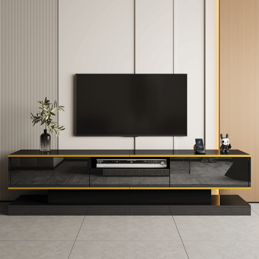 Móvel de TV 180cm de painel de partículas com 3 gavetas e luz led,preto+dourado