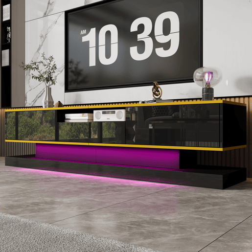 Móvel de TV 180cm de painel de partículas com 3 gavetas e luz led,preto+dourado