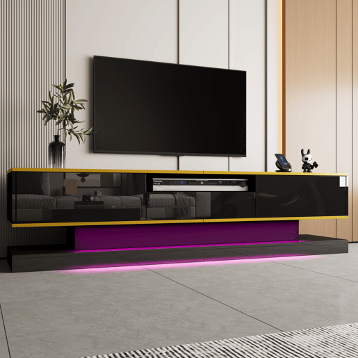 Móvel de TV 180cm de painel de partículas com 3 gavetas e luz led,preto+dourado