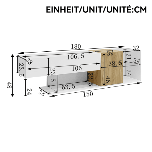 Móvel de TV 180cm de painel de partículas com 2 portas,branco+natural Móvel de TV 180cm de painel de partículas com 2 portas,branco+natural
