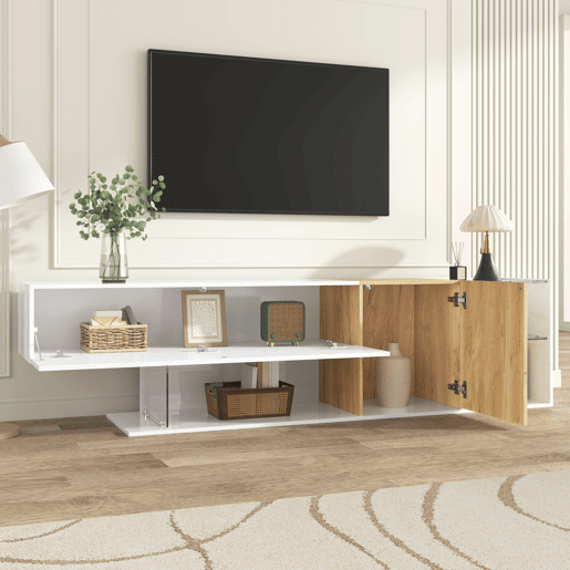 Móvel de TV 180cm de painel de partículas com 2 portas,branco+natural Móvel de TV 180cm de painel de partículas com 2 portas,branco+natural