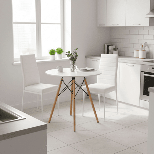 Conjunto de mesa redonda com 2 cadeiras de cozinha, móveis de cozinha, estilo moderno na cor branco fosco