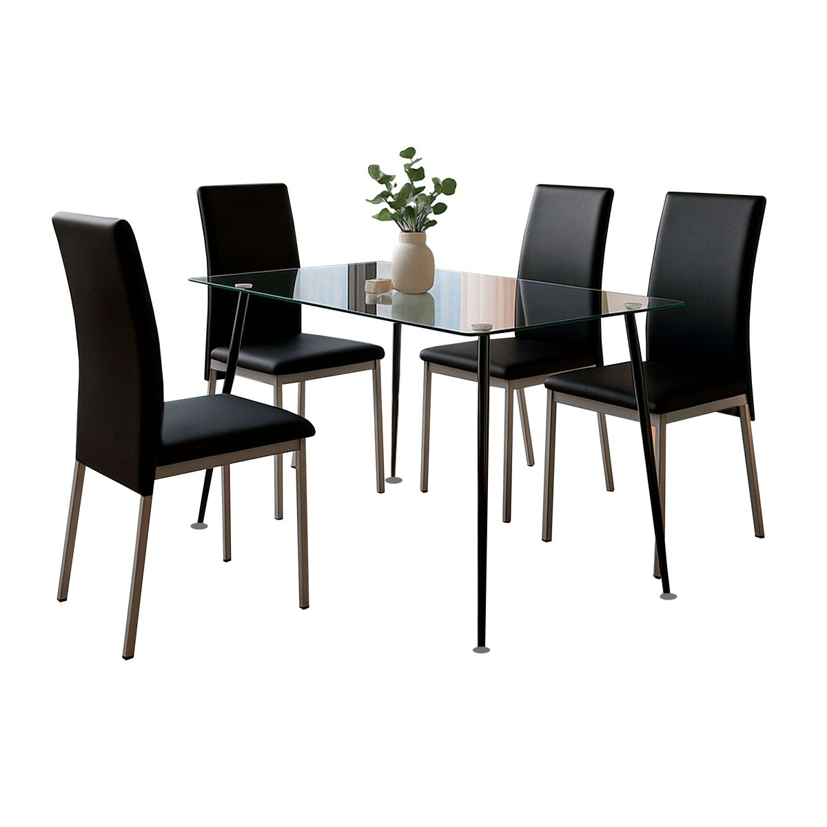 Pack comedor Saona mesa cristal fija 4 sillas metal polipiel