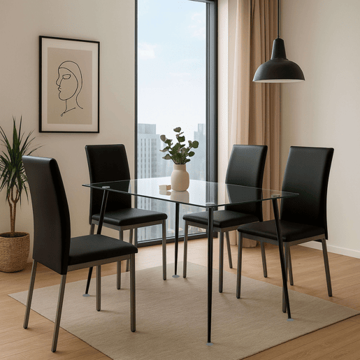 Conjunto de Jantar Mesa de Vidro e 4 Cadeiras, Mesa Fixa e 4 Cadeiras Conjunto de Sala de Estar, Mesa Retangular Cor Preta