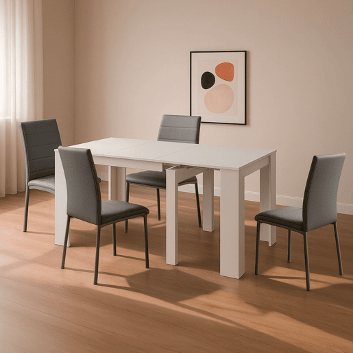 Conjunto de Jantar Mesa Extensível e 4 Cadeiras, Mesa Retangular Cor Cinza e Branco Artik Conjunto de Jantar Mesa Extensível e 4 Cadeiras, Mesa Retangular Cor Cinza e Branco Artik