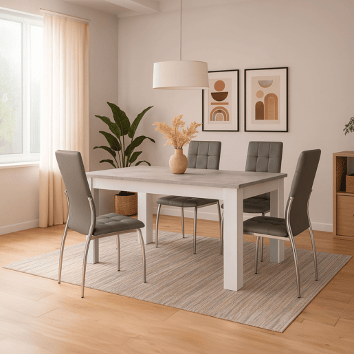 Conjunto de jantar, mesa extensível e 4 cadeiras, conjunto de mesa extensível e 4 cadeiras, mesa retangular cinza cimento Conjunto de jantar, mesa extensível e 4 cadeiras, conjunto de mesa extensível e 4 cadeiras, mesa retangular cinza cimento