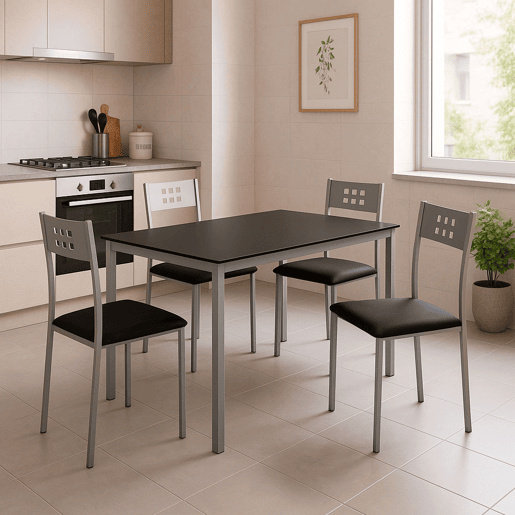 Conjunto de mesa de jantar e 4 cadeiras, mesa fixa e 4 cadeiras de cozinha, mesa retangular de vidro preta Conjunto de mesa de jantar e 4 cadeiras, mesa fixa e 4 cadeiras de cozinha, mesa retangular de vidro preta