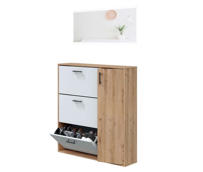 Mueble zapatero con espejo, armario zapatero hasta 24 pares, 4 puertas roble nodi y blanco artik 105x112x24 cm