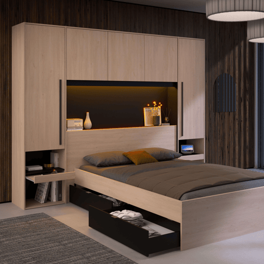 Cama de casal John com gavetas em carvalho do Brooklyn e pontilhado preto 135-140x190 cm