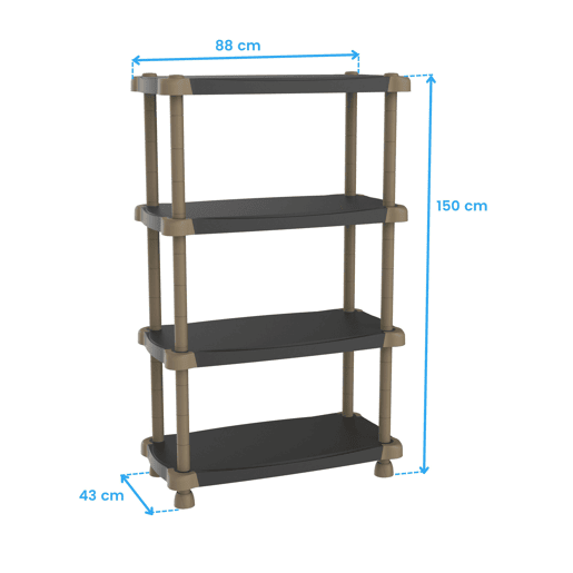 Prateleira modular de armazenamento, prateleira de resina para jardim, garagem, armazém, titânio, 4 prateleiras ajustáveis, pretas, 88 x 150 x 43 cm