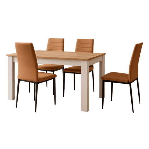 Conjunto de jantar extensível, mesa e 4 cadeiras, mesa extensível e 4 cadeiras, mesa retangular em carvalho canadense e branco ártico