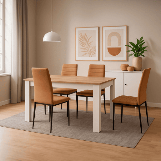 Conjunto de jantar extensível, mesa e 4 cadeiras, mesa extensível e 4 cadeiras, mesa retangular em carvalho canadense e branco ártico