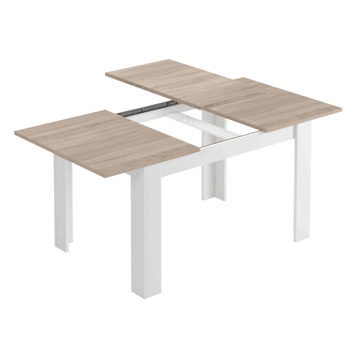 Conjunto de jantar extensível, mesa e 4 cadeiras, mesa extensível e 4 cadeiras, mesa retangular em carvalho canadense e branco ártico