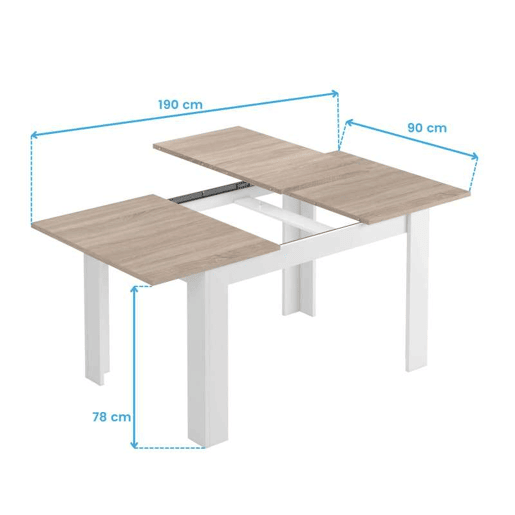 Conjunto de jantar extensível, mesa e 4 cadeiras, mesa extensível e 4 cadeiras, mesa retangular em carvalho canadense e branco ártico
