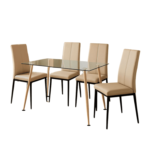 Conjunto de mesa de jantar e 4 cadeiras, mesa fixa e 4 cadeiras, mesa retangular de vidro bege e preto