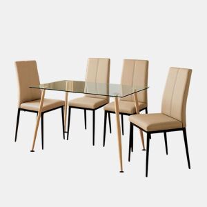 Conjunto de mesa de jantar e 4 cadeiras, mesa fixa e 4 cadeiras, mesa retangular de vidro bege e preto