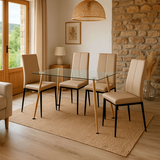 Conjunto de mesa de jantar e 4 cadeiras, mesa fixa e 4 cadeiras, mesa retangular de vidro bege e preto