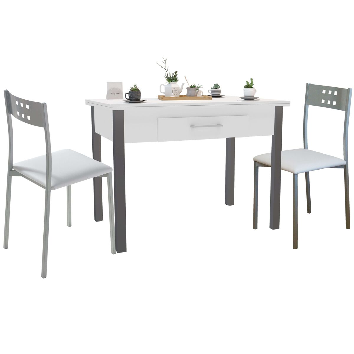 Conjunto de mesa extensible con 2 sillas cocina, mesa extensible 140 cm, muebles de cocina blanco y gris