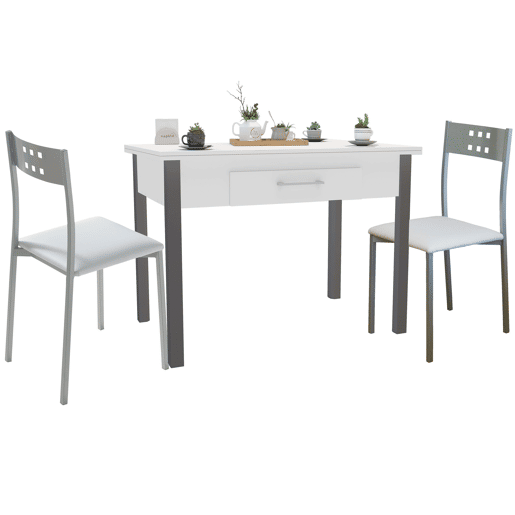 Conjunto de mesa extensível com 2 cadeiras de cozinha, mesa extensível de 140 cm, móveis de cozinha brancos e cinza