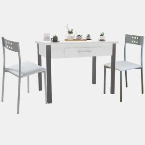 Conjunto de mesa extensível com 2 cadeiras de cozinha, mesa extensível de 140 cm, móveis de cozinha brancos e cinza