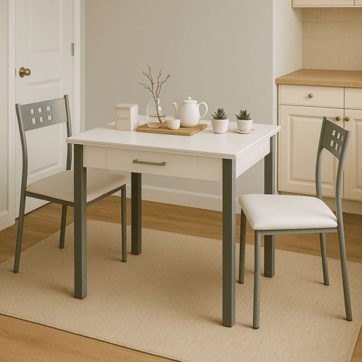 Conjunto de mesa extensível com 2 cadeiras de cozinha, mesa extensível de 140 cm, móveis de cozinha brancos e cinza