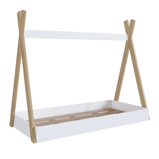 Cama Tipi Infantil Montessori, Cama Infantil com Estrado de Ripas, Branco Mate e Melamina Carvalho 80x190 cm