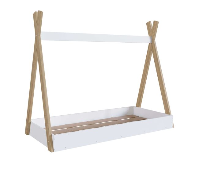 Cama tipi infantil montessori, cama para niños con láminas de somier, melamina blanco mate y roble 80x190 cm
