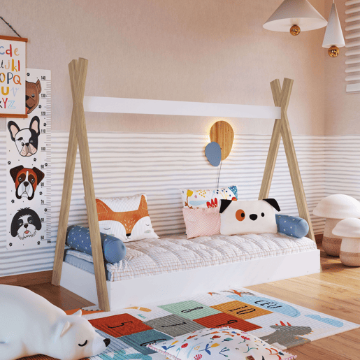 Cama Tipi Infantil Montessori, Cama Infantil com Estrado de Ripas, Branco Mate e Melamina Carvalho 80x190 cm