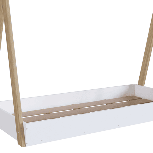 Cama Tipi Infantil Montessori, Cama Infantil com Estrado de Ripas, Branco Mate e Melamina Carvalho 80x190 cm
