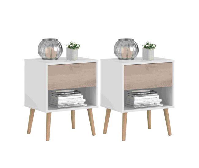 Juego de 2 mesitas de noche, mesitas auxiliares 1 cajón, mesillas de noche dormitorio osaka blanco y roble japonés