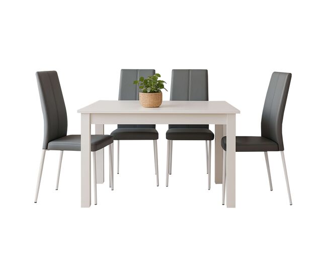 Juego de comedor mesa fija y 4 sillas, juego de mesa blanca y 4 sillas salón, mesa rectangular color gris y blanco mate