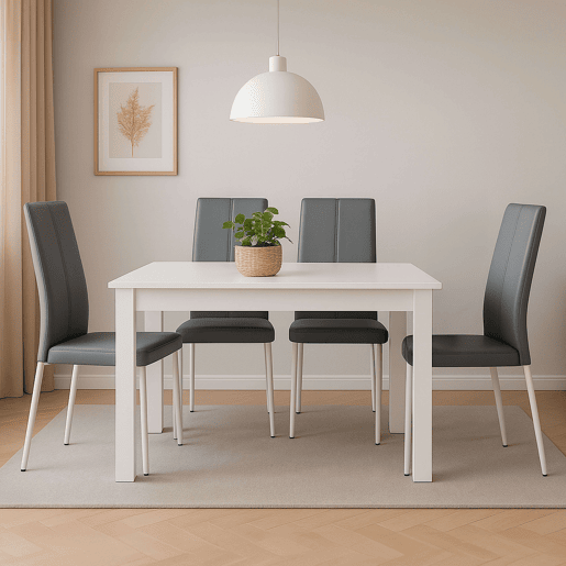 Conjunto de Jantar Mesa Fixa e 4 Cadeiras, Mesa Branca e 4 Cadeiras Conjunto de Sala de Estar, Mesa Retangular Cor Cinza e Branco Fosco