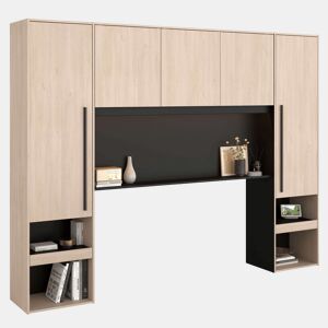 Cabeceira de cama com armazenamento de parede, John Bed Bridge com LEDs, carvalho Brooklyn e pontilhado preto 265x40x203 cm