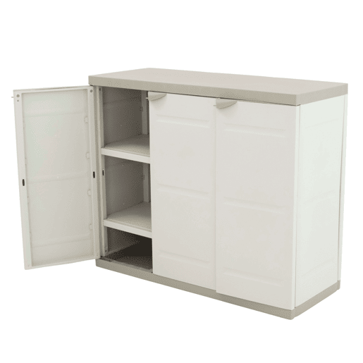 Armário baixo de jardim Titanium, 2 portas e 2 prateleiras, armário externo bege 105x88x41 cm
