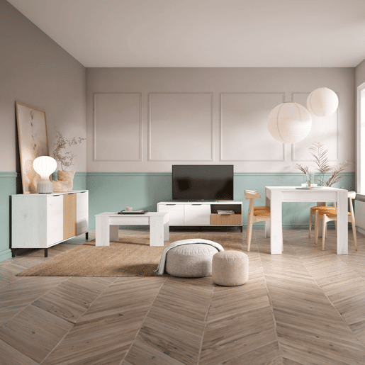 Pacote de móveis para sala de estar estilo nórdico Tokio em branco Albo e carvalho listrado (aparador, mesa de jantar, mesa de centro e suporte de TV)