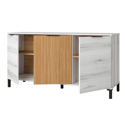 Pacote de móveis para sala de estar estilo nórdico Tokio em branco Albo e carvalho listrado (aparador, mesa de jantar, mesa de centro e suporte de TV)