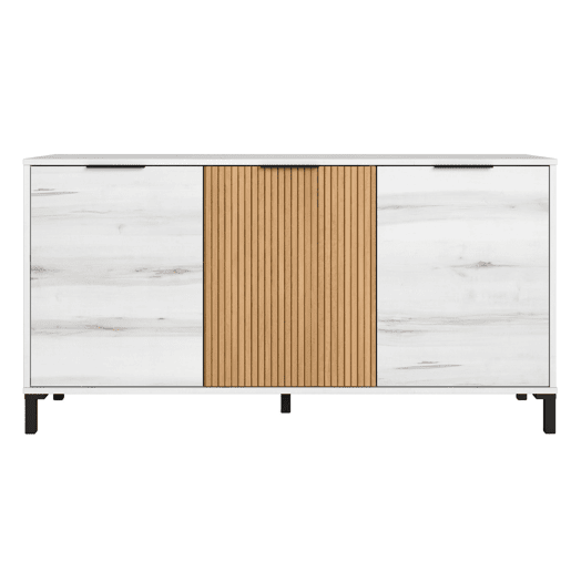 Pacote de móveis para sala de estar estilo nórdico Tokio em branco Albo e carvalho listrado (aparador, mesa de jantar, mesa de centro e suporte de TV)