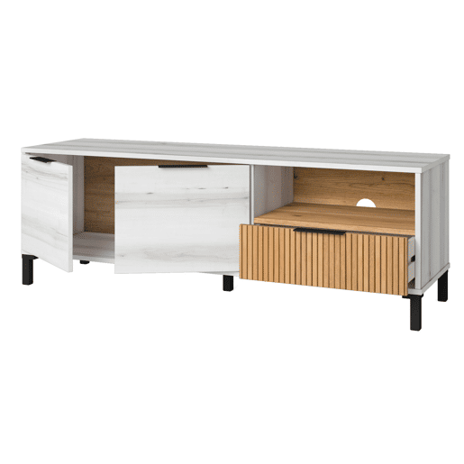 Pacote de móveis para sala de estar estilo nórdico Tokio em branco Albo e carvalho listrado (aparador, mesa de jantar, mesa de centro e suporte de TV)