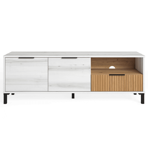 Pacote de móveis para sala de estar estilo nórdico Tokio em branco Albo e carvalho listrado (aparador, mesa de jantar, mesa de centro e suporte de TV)
