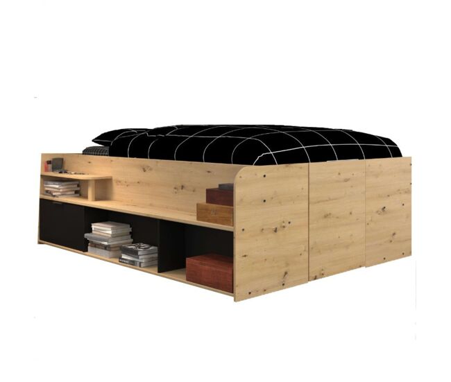Cama alta con somier incluido y espacio de almacenamiento en color roble y negro 135/140x193/200 cm