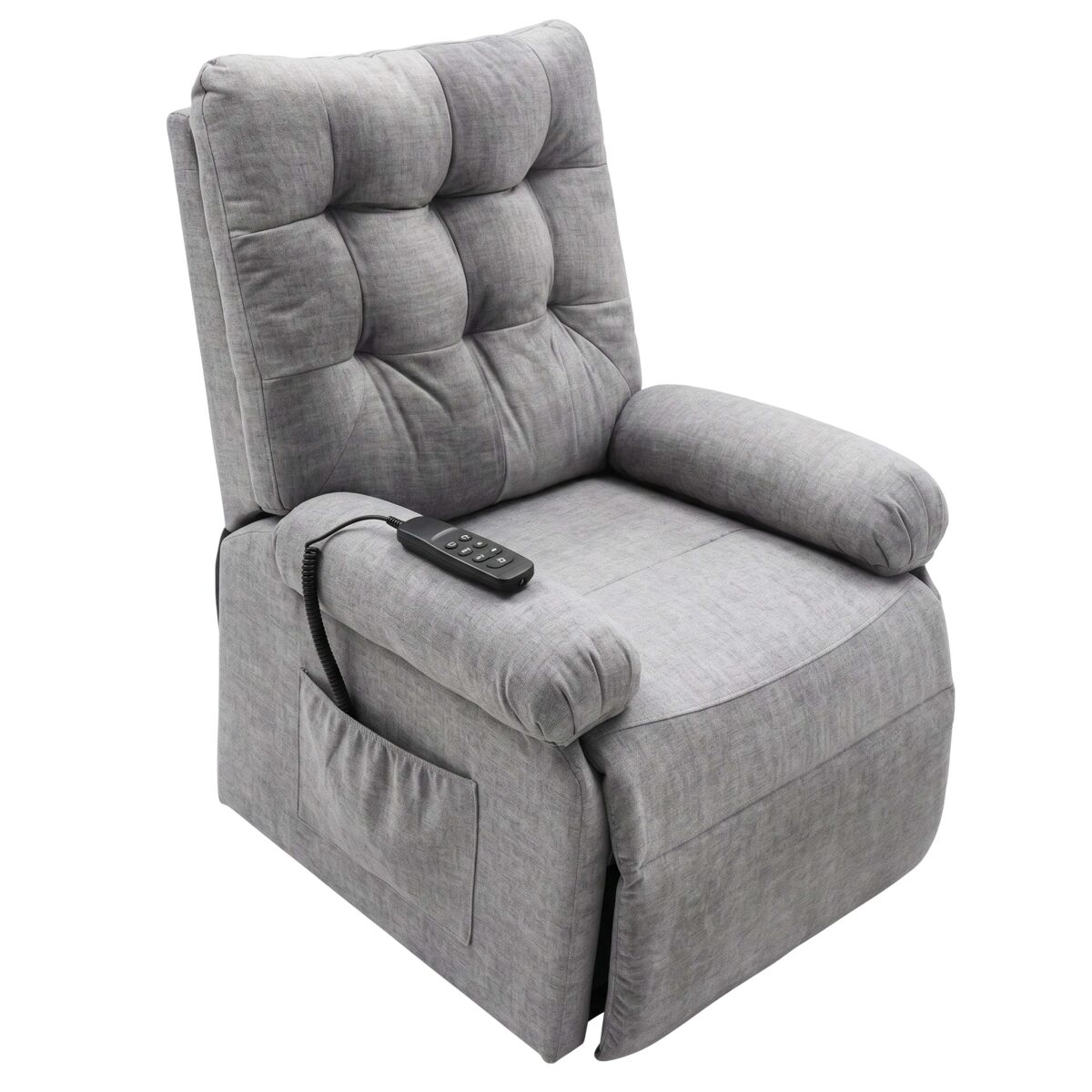 Sillón reclinable seren de sala en color gris con mando control, bolsillo lateral y levantapersonas tela 90x107x84 cm