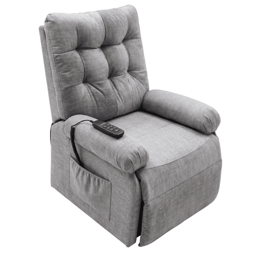 Poltrona reclinável Seren para sala de estar em cinza com controle remoto, bolso lateral e cadeira elevatória de tecido 90x107x84 cm