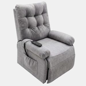 Poltrona reclinável Seren para sala de estar em cinza com controle remoto, bolso lateral e cadeira elevatória de tecido 90x107x84 cm