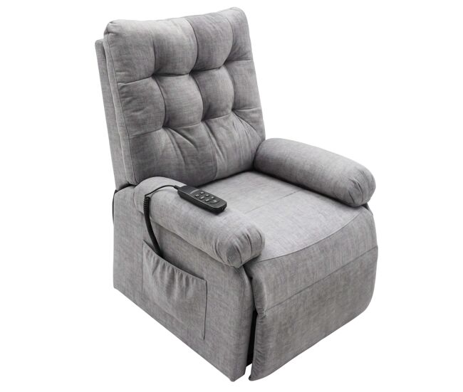 Sillón reclinable seren de sala en color gris con mando control, bolsillo lateral y levantapersonas tela 90x107x84 cm