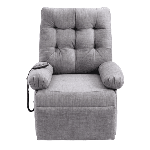 Poltrona reclinável Seren para sala de estar em cinza com controle remoto, bolso lateral e cadeira elevatória de tecido 90x107x84 cm