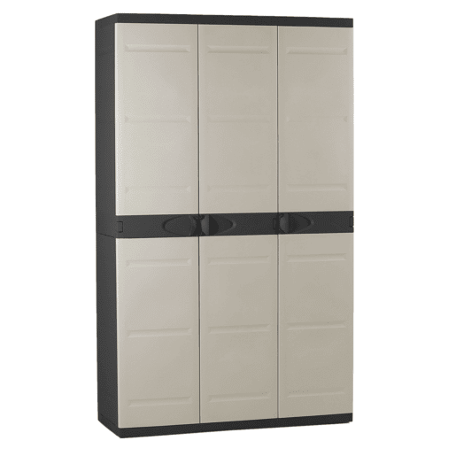 Armário de jardim de titânio com 3 portas, armário de resina com 4 prateleiras ajustáveis, preto, 105 x 176 x 41 cm