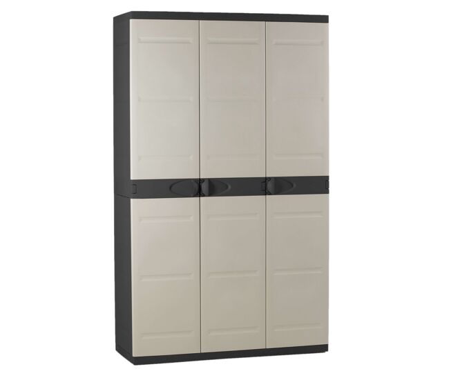 Armario de jardín 3 puertas titanium, armario de resina 4 estantes regulables negro 105x176x41 cm