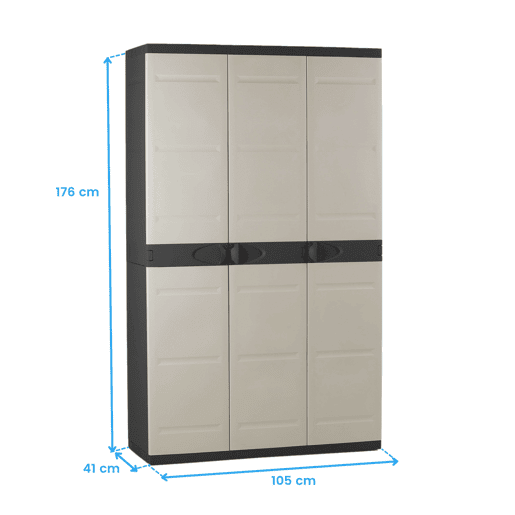 Armário de jardim de titânio com 3 portas, armário de resina com 4 prateleiras ajustáveis, preto, 105 x 176 x 41 cm